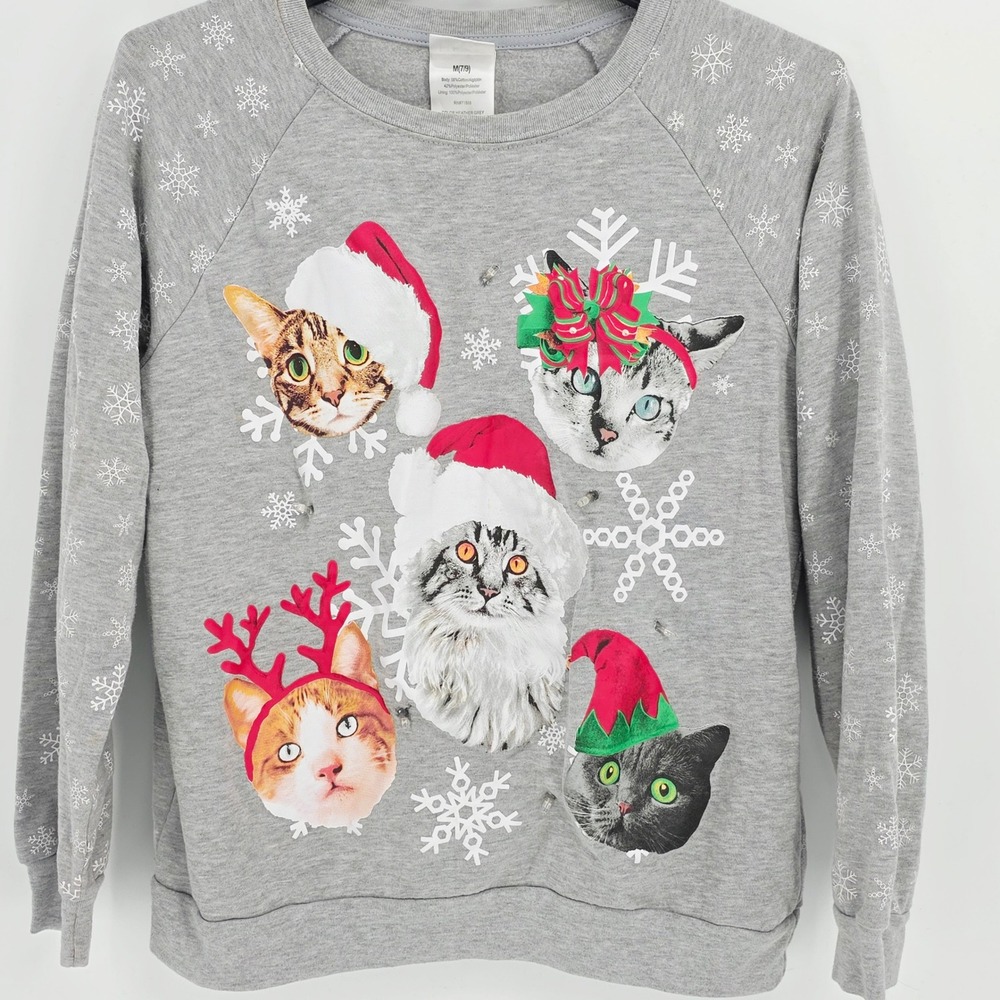 Freeze Gray Light Up Christmas Cat Snowflake Long Sleeve Sweatshirt Jr M 7-9